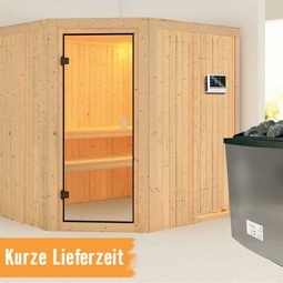 Elementsauna Karibu Tobi inkl. 9 kW Ofen u.ext.Steuerung ohne Dachkranz mit bronzierte Ganzglastüre