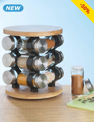 Gewürzturm, Set mit 12 Behältern, aus Glas und Bambus