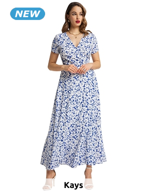 Langes Wickelkleid, blau bedruckt