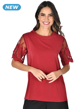 Top mit bestickten Ärmeln, dunkelrot