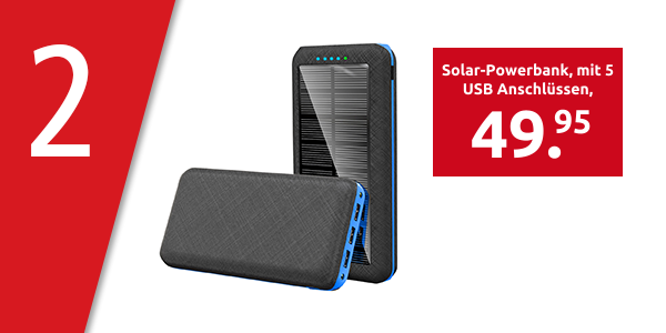 Solar-Powerbank, mit 5 USB Anschlüssen, 20'000 mAh