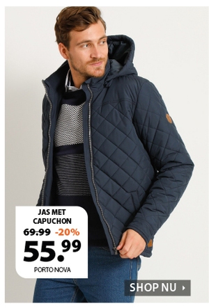 Stoere heren winterjas met doorgestikt patroon en capuchon. Deze jas zit heerlijk comfortabel en heeft een mooie pasvorm.