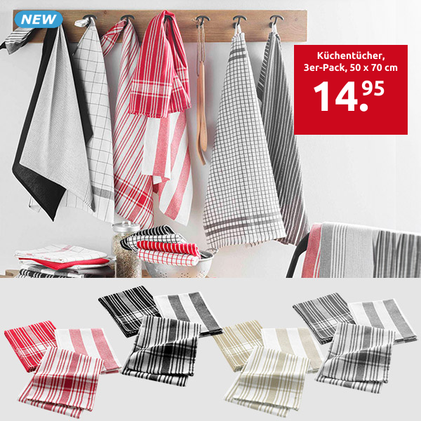 Küchentücher, 3er-Pack, 50 x 70 cm, rot