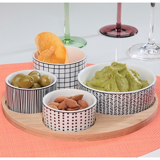 Aperitif-Service mit 4 Porzellanschalen und Bambustablett