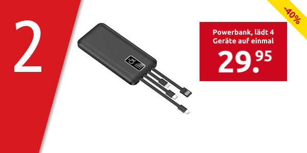 Powerbank, lädt 4 Geräte auf einmal, 10'000 mAh