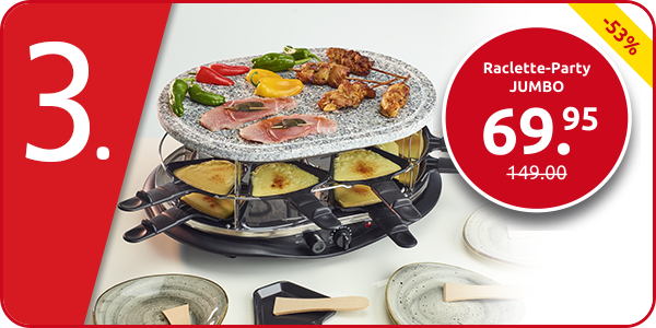 Raclette-Party JUMBO, doppelstöckig, 16 Pfännchen + Spatel