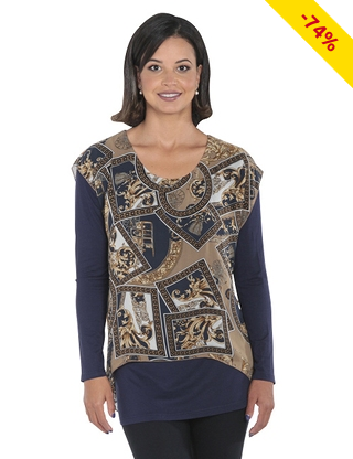 Tunika, blau/beige bedruckt