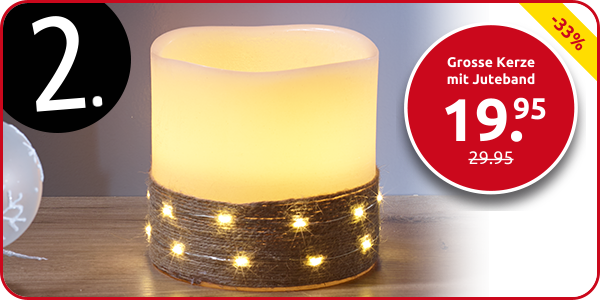Grosse Kerze mit Juteband, 25 LED, 15 cm