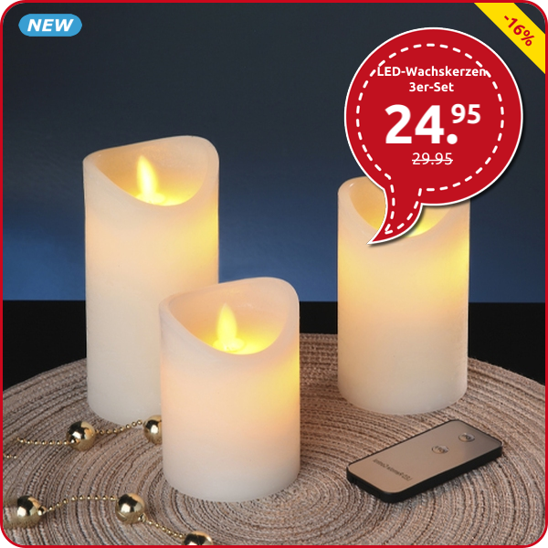 LED-Wachskerzen, 3er-Set, mit Fernbedienung