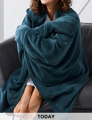 TODAY Fleecedecke mit Kapuze und Handschuhen, 165 x 115 cm, blau