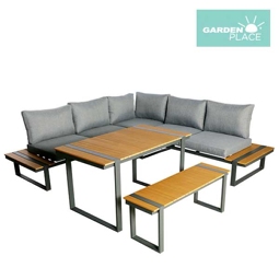 Loungeset Garden Place Alu 237 x 237 cm 7-Sitzer 3 tlg. inkl. Tisch 123 x 70 x 69 cm in Holzoptik inkl. Sitzkissen hellgrau