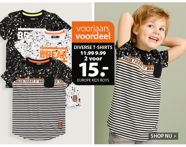 Voorjaarsvoordeel: jongens t-shirts 2 voor 15 euro!