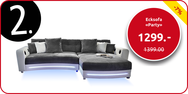 Ecksofa «Party» weiss/grau, mit Beleuchtungsleiste und Soundsystem