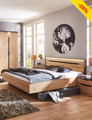 Bett «Uton», mit LED, 160 x 200 cm, Dekor holz