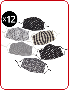 Set, 12 waschbare Masken unisex, Baumwolle, schwarz bedruckt