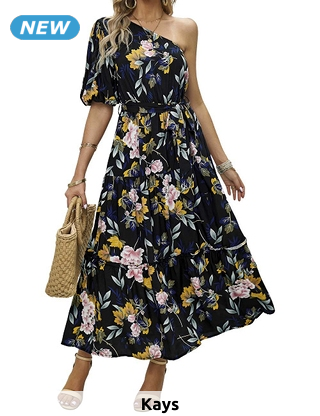 Asymmetrisches Maxikleid «Adriana», mit Blumenmuster, schwarz
