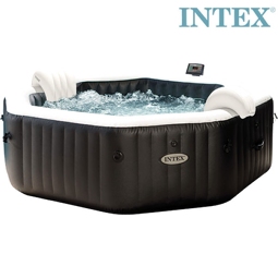 Aufblasbarer Whirlpool Intex Pure Spa Octagon Bubble Jet 128462 mit integriertem Kalkschutz- und Salzwassersystem, 6 Hochleistungs-Jetdüsen, Thermo-Bodenschutzplane, Thermoabdeckung, 2 aufblasbare Kopfkissen schwarz