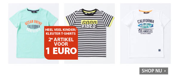 2e artikel voor 1 euro op verschillende kinder en kleuter t-shirts.