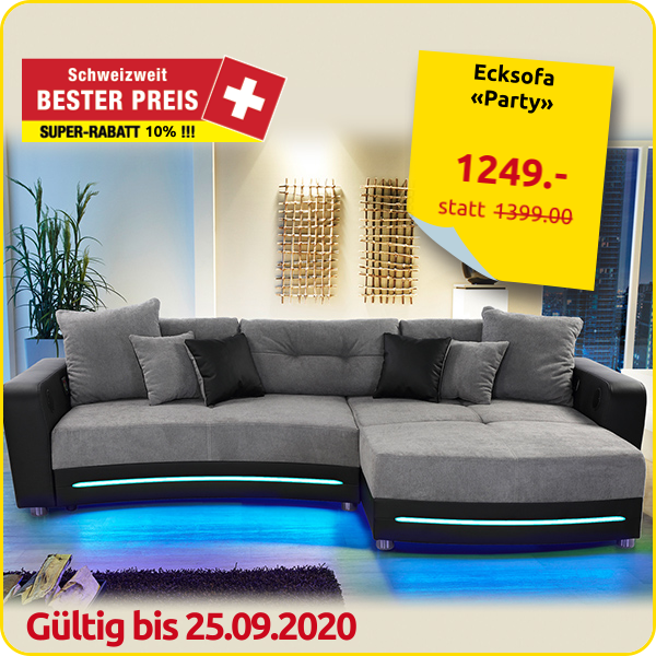 Ecksofa «Party» mit Beleuchtungsleiste und Soundsystem, schwarz/grau
