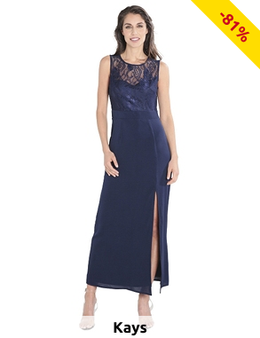 Langes Kleid mit Spitze und Schlitz, dunkelblau