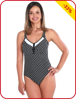Formender Badeanzug mit Kontrastbande, schwarz/weiss gepunktet
