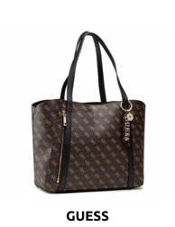 GUESS Handtasche «Naya», braun, Allover-Logodruck