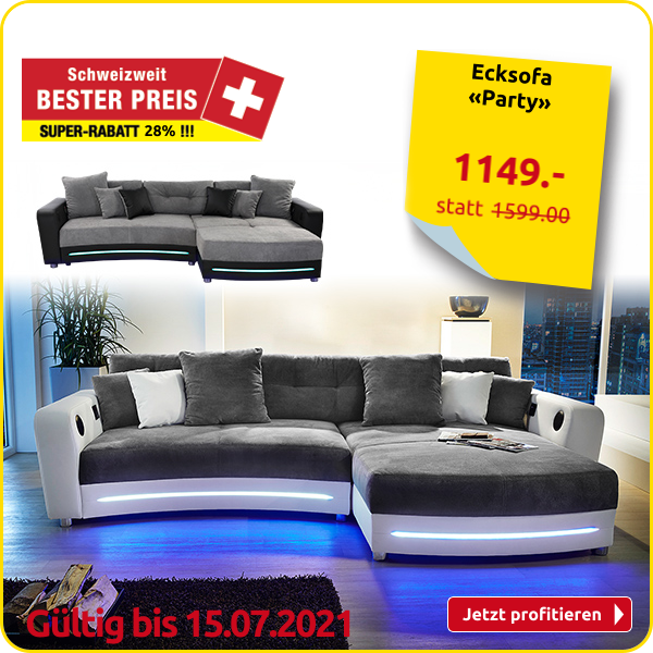 Ecksofa «Party» weiss/grau, mit Beleuchtungsleiste und Soundsystem