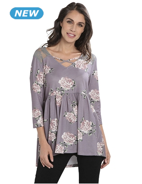 Top mit Blumenmuster, Spitze und Rüschen, grau