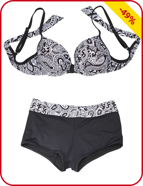 Push up-Bikini, schwarz/weiss bedruckt