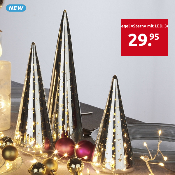 Glaskegel «Stern» mit LED, 3er-Set
