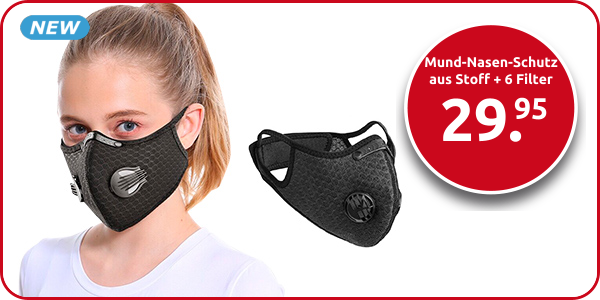 Mund-Nasen-Schutz aus Stoff + 6 Filter, schwarz