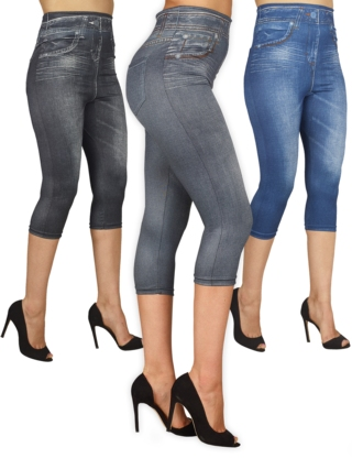 Capri-Jeggings im 3er-Pack mit Jeans-Print