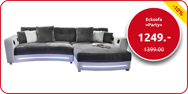 Ecksofa «Party» weiss/grau, mit Beleuchtungsleiste und Soundsystem