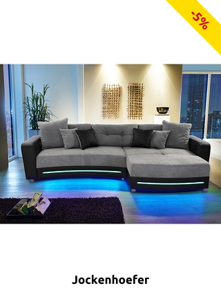 Ecksofa «Party» mit Beleuchtungsleiste und Soundsystem, schwarz/grau