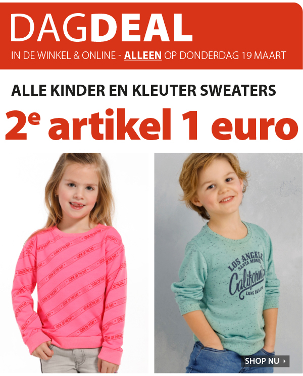 Dagdeal: Woensdag 2e artikel 1 euro bij kinder en kleuter sweaters