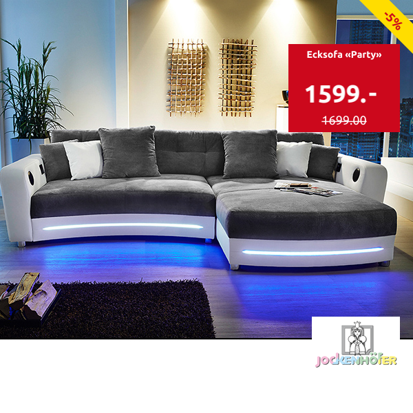 Ecksofa «Party» weiss/grau, mit Beleuchtungsleiste und Soundsystem