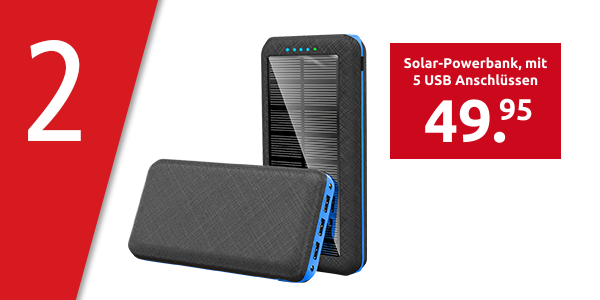 Solar-Powerbank, mit 5 USB Anschlüssen, 20'000 mAh
