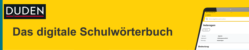 Links das Duden-Logo, rechts Handy mit dem digitalen Schulwörterbuch vor gelbem Hintergrund.
