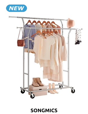 SONGMICS Doppelter Kleiderständer, B 129 x H 148/172 x T 55 cm, silberfarben