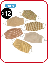 Set, 12 waschbare Masken unisex, Baumwolle, gelb bedruckt