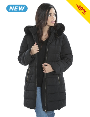 Steppmantel mit abnehmbarer Kapuze, schwarz