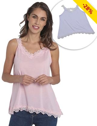 Top mit Träger und Saum aus Spitze, 2er-Pack, weiss + rosa