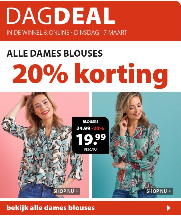 Dagdeal: Dinsdag 20% korting op alle dames blouses