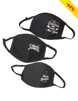 Mund-Nasen-Schutz aus Stoff, 3er-Set, schwarz/bedruckt Weihnachten