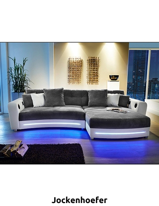 Ecksofa «Party» weiss/grau, mit Beleuchtungsleiste und Soundsystem