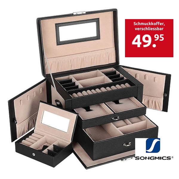 SONGMICS Schmuckkoffer, verschliessbar, 26 x 17 x 18 cm, inkl. Reiseschatulle, schwarz