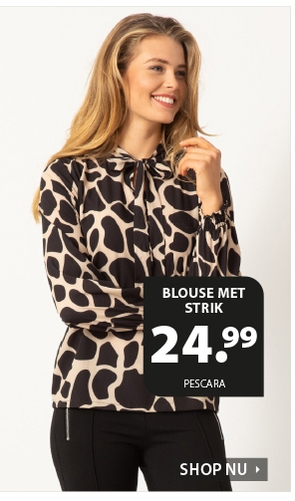 Mooie dames blouse met allover print. Eindeloos te combineren en met een stijlvolle look. Deze blouse heeft een mooie strik bij de hals en heeft elastische boorden bij de mouwen.