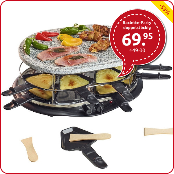 Raclette-Party JUMBO, doppelstöckig, 16 Pfännchen + Spatel