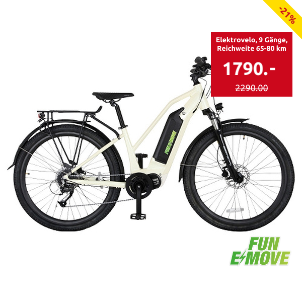 Fun E-Move Elektrovelo «GF25», 9 Gänge, mit LED-Beleuchtung, Reichweite 65-80 km