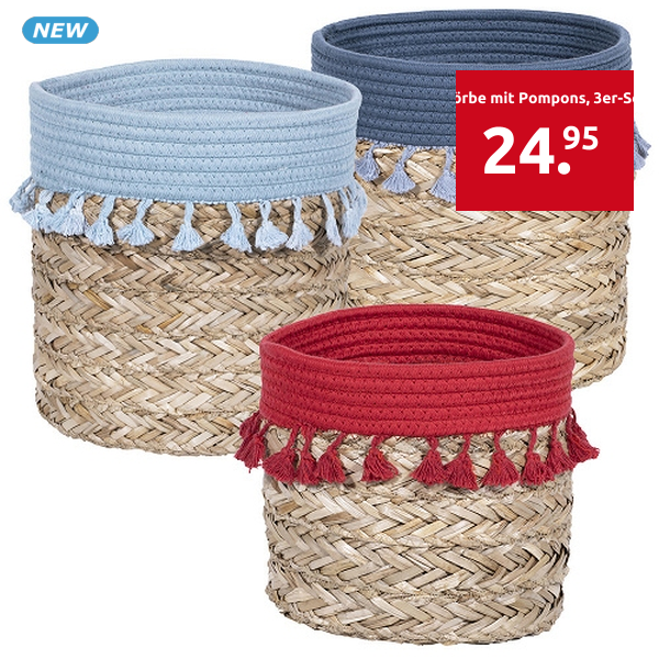 Körbe mit Pompons, 3er-Set,  Ø 20, 23, 26 cm, rot+dunkelblau+hellblau